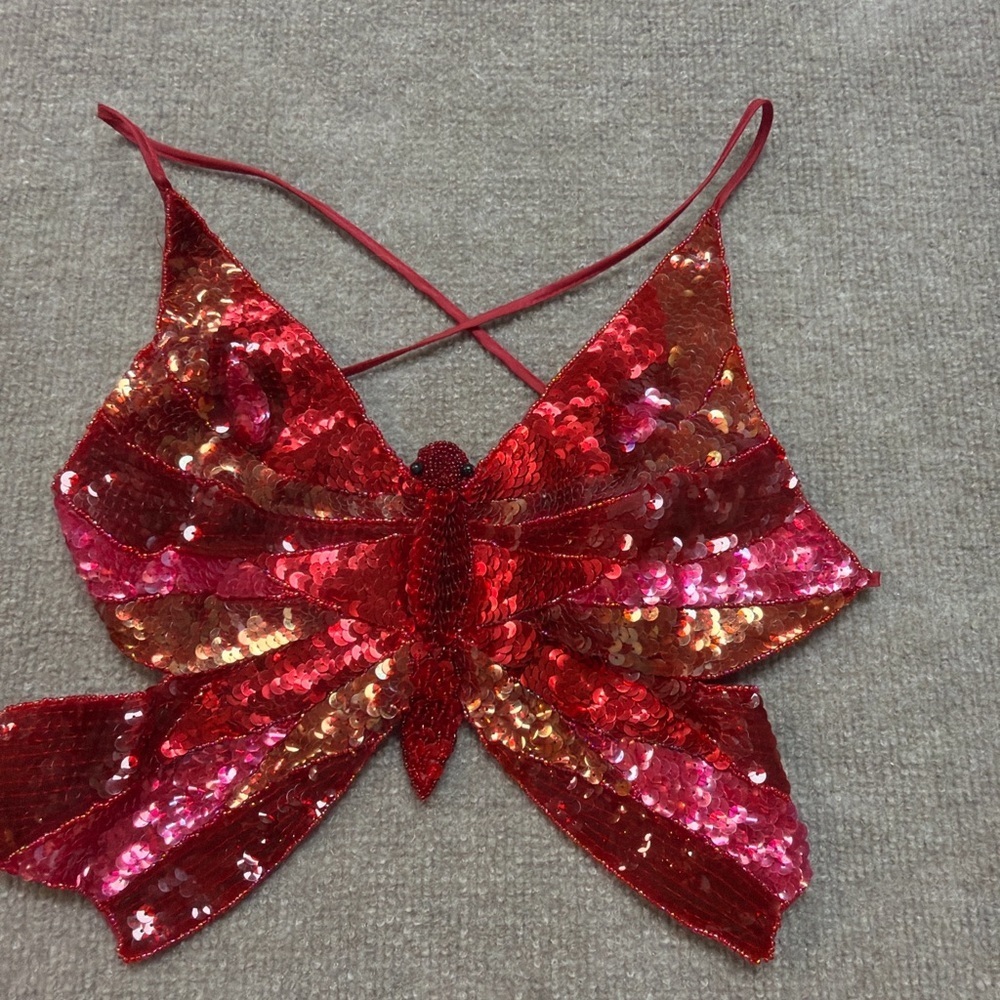 Shes USA Red Sequin Butterfly Top Y2K Tie Back Statement Festival Top 0762